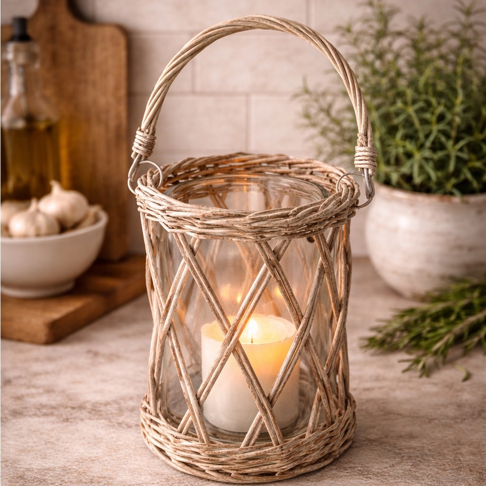 Blossom Bucket Rustic Farmhouse Boho‎ Floral Vase Candle Wicker Handle Basket